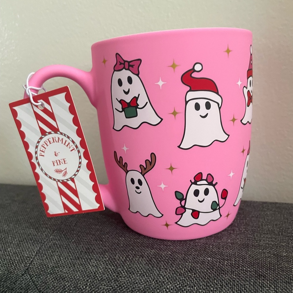 Peppermint & Pine Festive Pink Ghost Holiday Ceramic Mug Halloween Christmas